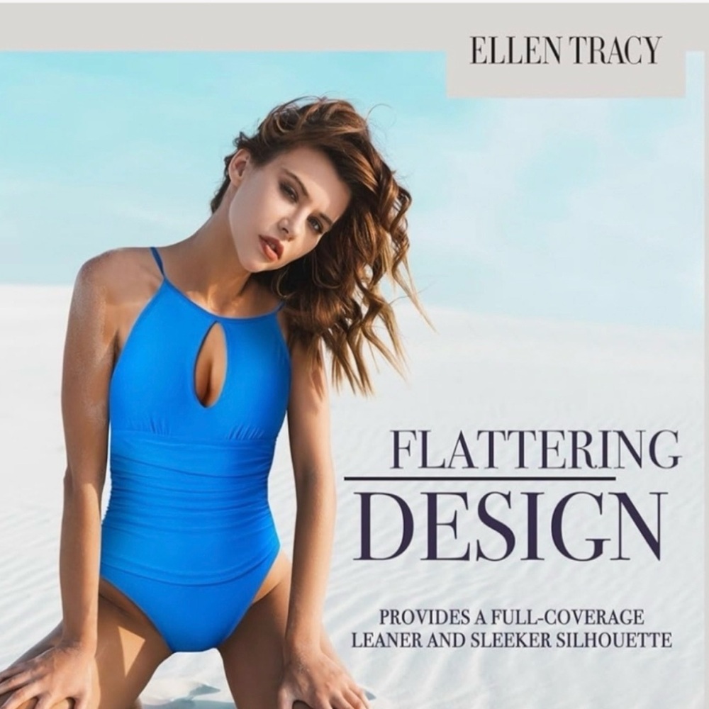 Ellen Tracy NEW Vibrant Jewel Blue High Neck Keyhole One-Piece Swimsuit Size 8